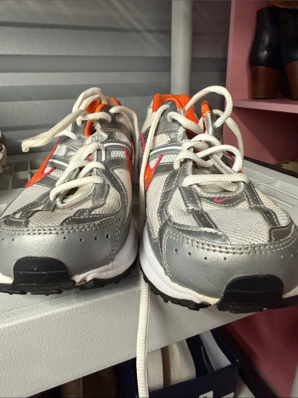 Nike Silver Mesh Running Sneakers with Orange and Pink Swoosh - Picture 2 of 7